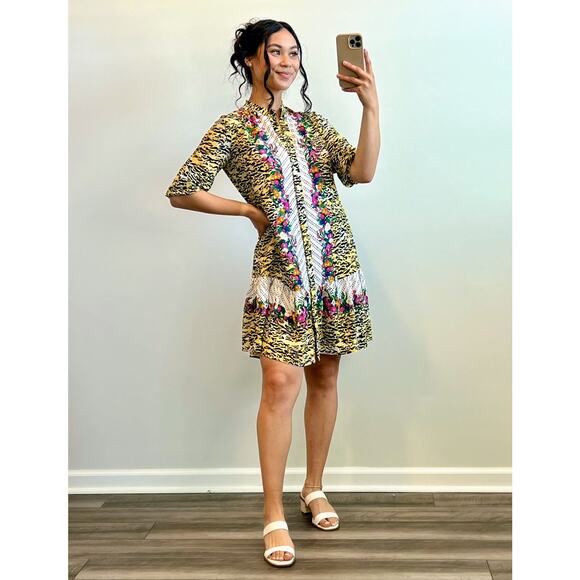 Saloni Tyra Silk Dress Sz 2 Half Sleeve Belted Floral Animal Print Button Front - Picture 1 of 4